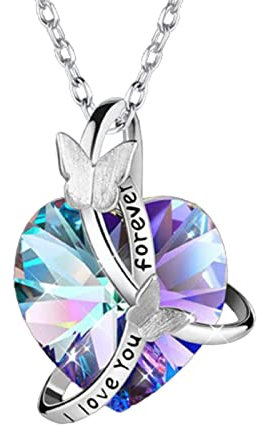 Yienate Herz Kristall Halskette Halsband Silber Schmetterling Lila Kristall Herz Anhänger Halskette Kette I Love You Forever Geburtsstein Halskette Unendliche Liebe Halskette Geschenk für Frauen