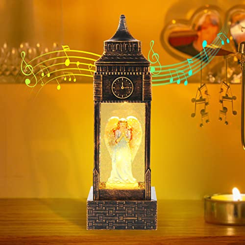 iLitLuk Weihnachtliche Schneekugel wirbelndes Glitzern Musikalische Laterne Spieluhr Big Ben mit Engel Wasserschleuder mit 6-Stunden-Timer USB und Batteriebetrieben 8 Weihnachtslieder Harz 29cm groß