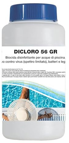 Virsus Dicloro Granulare 56 gr per acque piscina 15C12, per la disinfezione dell’acqua, contro virus e batteri, Agente clorante stabilizzato per trattamenti shock e recupero acque deteriorate (1 Kg)