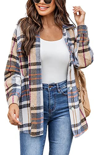 Timuspo Damen Flanell Karierte Hemdjacke Lange Ärmel Baumwolle Revers Button-Down-Bluse Shacket Mantel