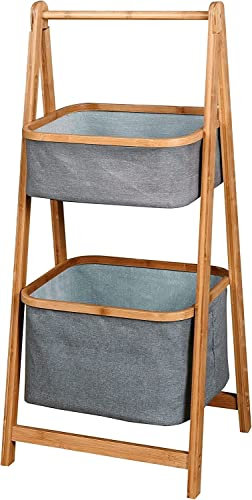 Shelf 2-Tier Bamboo Laundry Hamper Foldable Laundry Basket Collapsible Small Ladder Organizer Towel Rack Wooden Laundry Sorter With 2 Cloth Baskets For Bathroom Laundry Room