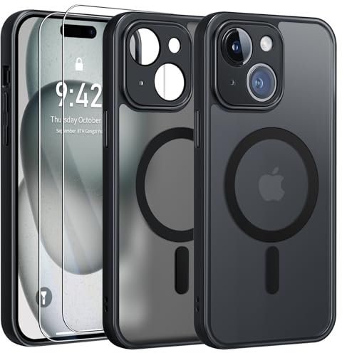 FLLAO Magnétique Coque pour iPhone 15 avec 2 Verre Trempé, Compatible avec MagSafe, Protection d'objectif Tout Compris, Etui Translucide Mat Arrière Housse Fine Antichoc Case, Noir
