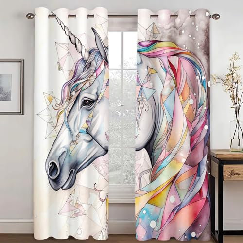 WEQEER Vorhänge Blickdicht Einhorn Verdunklungsgardine Karikatur Rosa Pferd Kinder Fenstervorhang Regenbogen Wolken drucken Vorhang für Kinderzimmer (1,183x160cm(2x91x160cm))