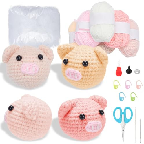 FREEBLOSS 12 Set Häkelset Schweinchen, Häkelset Für Anfänger, Komplettes Tierhäkelgarnset, Häkelstricksets Für Anfänger, Häkelset Für Erwachsene, Bastelkunst Mit Schritt Video Anleitungen