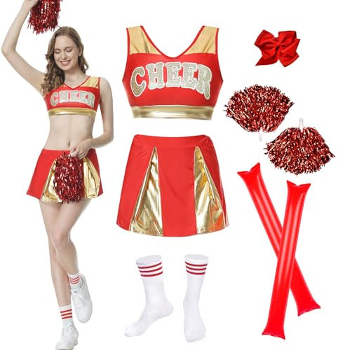 JONRRYIN Cheerleader Kostüm Damen, Uniform Mit Pompons, Cheer Sticks, Ärmellos Crop Top und Minirock, High School Outfit (Rot + Gold, L)