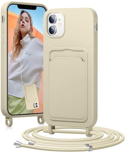 BENTIACC Handykette Silikon Hülle für iPhone 11 mit Band, Handyhülle mit Kartenfach, Abnehmbar Kordel Kette, Stoßfeste Schutzhülle für iPhone 11 (Beige)
