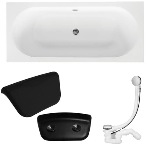 KOLMAN Badewanne Exklusiv 170x75 cm Acryl mit Kopfstütze KODI Siphon Wanne Rechteck Weiß Design Modern Ablaufgarnitur in Chrom kompatibel mit Viega