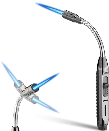 Stabfeuerzeug Gas Nachfüllbar 360° Flexible Gasfeuerzeug, Feuerzeug Lang Stab Sturmfeuerzeug, Winddichtes Kaminfeuerzeug Jetflamme für Kerzen,Kamin,Grill,Ofen,Küche (Schwarz, M)