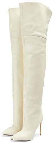Stivali Alti Fino alla Coscia con Tacco a Spillo e Punta alla Moda per Le Donne Stivali sopra Il Ginocchio in Tinta Unita Stivali Alti Senza Lacci Stivali Lunghi Festa Sexy,Bianca,38 EU