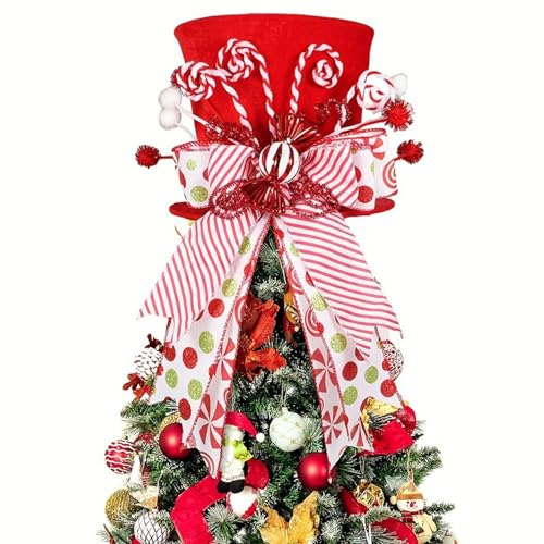 Christmas Tree Topper Hat with Candy Cane Ribbon Christmas Tree Top Hat Xmas Gift Suitable For Home Christmas Holiday Winter (Red, 25cmx21cmx21cm)