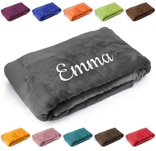 Deitert Kuscheldecke mit Namen oder Wunschtext Bestickt, 200cm x 150cm, extra weiche und gemütliche Sofadecke/Wohndecke, hochwertiges Fleece, personalisiertes Geschenk (Anthrazit)