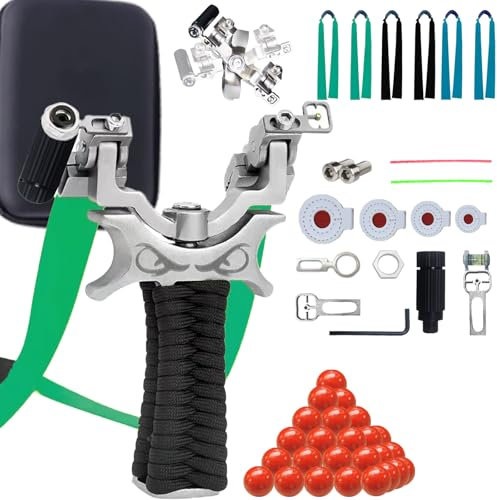 NWIWI Steinschleuder,Zwille Der Bügelkopf ist um 360° drehbar,Sport Outdoor Slingshot Set mit 6 Gummiband 300 Tonkugeln und Schleuder-Aufbewahrungstasche und 2, 4, 6 und 8 cm Ziele