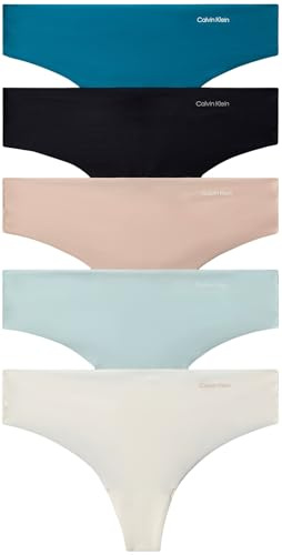Calvin Klein Women's 5 Pack Thongs, Multicolor (Teal Marine/Cloud Blue/Black/Ivory), S