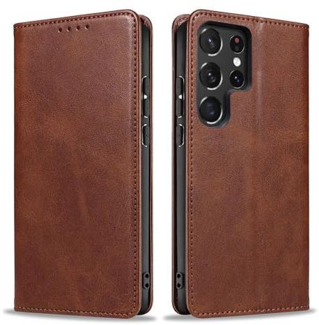 LBH Handyhülle Smartphone-Hülle für Samsung Galaxy S23 Ultra Klapphülle Magnetverschluss Kartenfächer Geldfach Standfunktion Case Etui Rundumschutz Schutzhülle Dunkelbraun