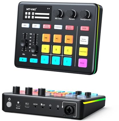 MT-VIKI Gaming Audio Mixer, Audio Interface Sound Board w/RGB Effect, XLR/TRS Microphone, 48V Phantom Power, Support Bluetooth, Voice Changer, Live Streaming, Podcasting