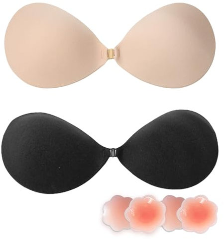SSKHE 2 Pièces Soutien Gorge Adhesif avec 4 Coussins de Mamelon,Dos Nu,Soutien Gorge Invisible sans Bretelle Réutilisable pour Les Robes de Soirée Robes de Mariée