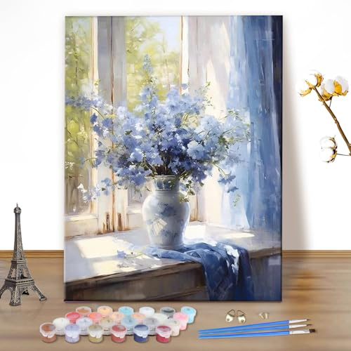 MEIYUDA Peinture par Numero Adulte, Fleurs dans un vase Kit de Peinture à l'Huile sur Toile par Numéro, Decoration Maison Cadeau 40x50cm(sans Cadre)
