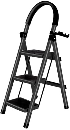 Klappbare Trittleiter, 3 Stufen, mit Werkzeugablage und Handläufen, für Haus, Küche, Speisekammer, Schränke, Büro, Leiter, zusammenklappbar, 3-stufig, für den Innen- und Außenbereich (schwarz)