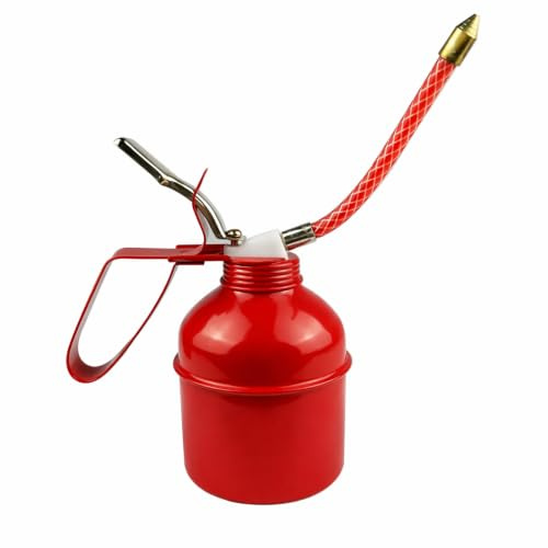 Bidon d'Huile de Graissage Manuel Rouge en Fer 400ml à Levier | Huileur à Haute Pression avec Bec Flexible, Bidon Pompe à Huile Polyvalent pour Voiture, Moto, Vélo et Machines d'Atelier
