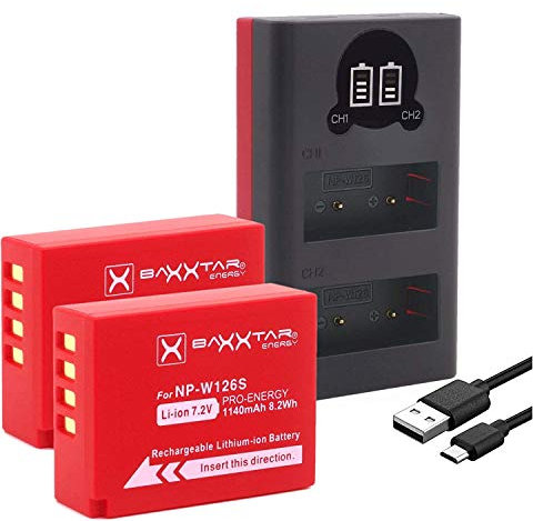 Baxxtar Pro NP-W126s NP-W126 Akku Pack - mit Mini Lader 18612 LCD DUAL (Eingang USB-C und MicroUSB) kompatibel mit Fuji Fujifilm X-M5 X100VI X-S10 X-T20 X-T30 II X-T5 X-T50 usw.