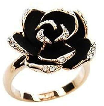 Ogquaton Übertriebener Roségold-Ring mit glänzendem Zirkonia, verziert mit schwarzem Rosendesign für Neue Frauen. Kostengünstig