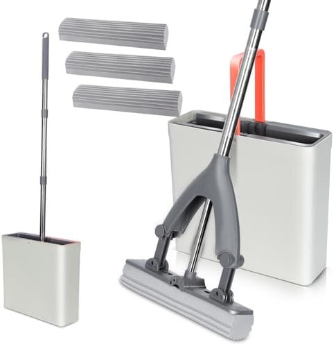 MASTERTOP Wischmopp Set mit Eimer, Schwamm Mop mit 3 PVA Wischkopfs und Teleskopstiel, Saugfähiger Schwamm Bodenwischer mit Auswringfunktion für Fliesen,Laminat,Hartholz Böden
