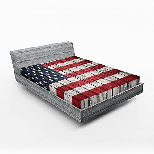 ABAKUHAUS USA Spannbetttuch, Fourth of July Independence, Soft Dekorativer Stoff Bettwäsche Rund-um Elastischer Gummizug, 140 cm x 200 cm, Weiß Dunkelblau Rot