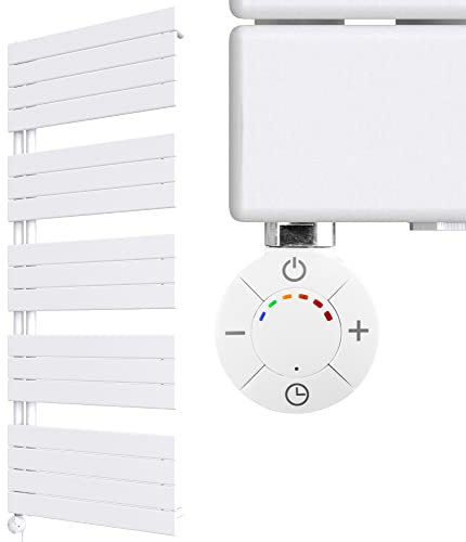 HEATSUPPLY® Design Handtuchheizkörper elektrisch weiß 1.510 x 600mm - Paneel Badheizkörper elektrisch mit Thermostat inkl. 900 Watt Heizstab No. 2 mit Timer