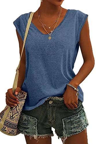 ASKSA Women V Neck Cap Sleeve T-Shirt Summer Solid Color Tank Top Casual Loose Shirts Basic Tee Tops (Blue,M)