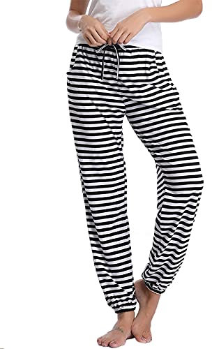 Nieery Pyjamahose Damen Baumwolle Schlafanzughose Lang Jogginghose Sporthose Sweatpants Freizeithose Hausanzug Nachtwäsche Schwarz-Streifen S