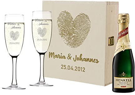 polar-effekt 4-TLG Hochzeitsgeschenk 2 Sektgläser und Sekt-Flasche in Geschenkbox Personalisiert - Hochzeit Geschenkidee Sektglas-Set mit Gravur - Motiv Herz