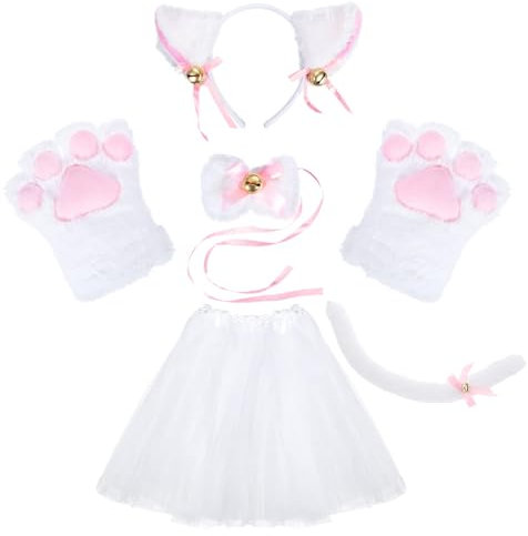 KEESIN Set da 5 pezzi per cosplay di gatti, per ragazze, adulti e bambini, guanti in peluche con orecchie da gattino, coda con gonna tutù, per costume carino e adorabile per feste (bianco)