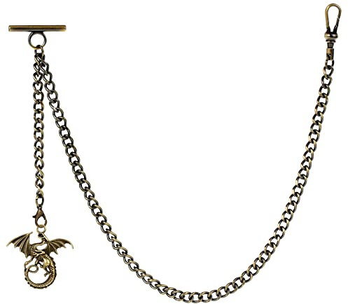ZTA Albert Chain Bronze Color Pocket Watch Chain Vest Chain with Ancient Dragon Design Fob T Bar Swivel Clip