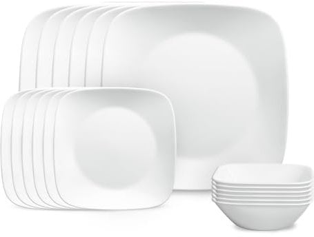 Corelle Vitrelle 18-Piece Service for 6 Square Dinnerware Set Triple Layer Glass and Chip Resistant, Lightweight Square Plates and Bowls Set, Pure White