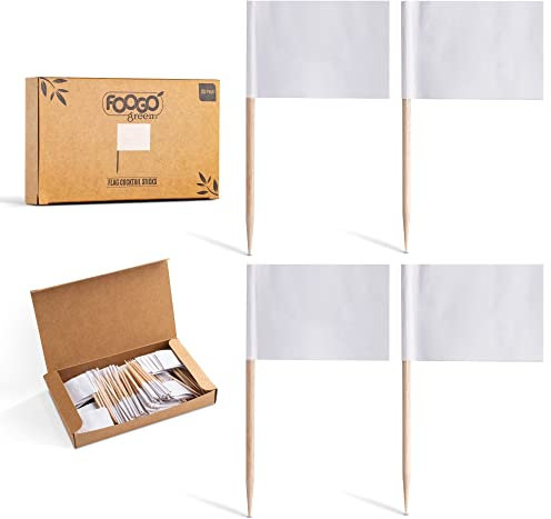 FOOGO Green 150pcs Blank Flag Cocktail Sticks, FSC® Certified, White Paper Labels, 6.5cm, Mini Food Flags, Cake Toppers, Party Food Picks, Sturdy Eco-Friendly Wooden Sticks