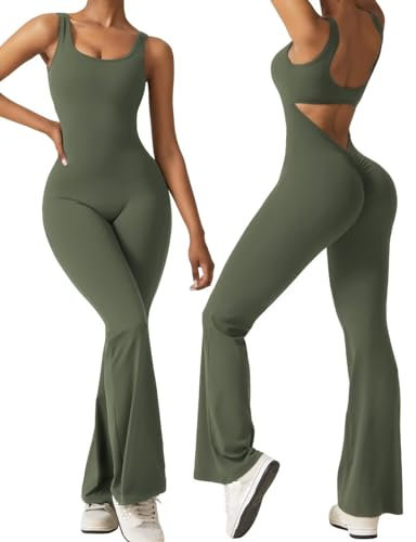 Vertvie Damen Jumpsuit Flared Eng Scrunch Butt Bodysuit Lang Yoga Ärmellos Overall Sport Rückenfrei Einteiler Bootcut Onepiece Ganzkörperanzug Sexy Playsuits Gym Workout Bodycon,Armeegrün,M