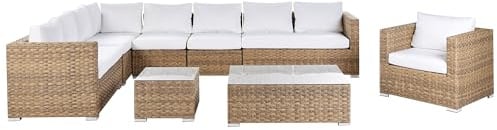Modernes Gartenset aus Polyrattan in Hellem Braun mit Auflagen in Weiß XXL