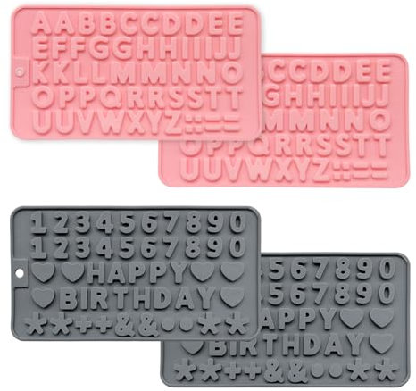 XNIVUIS 4 Piezas Moldes de Silicona Para Caramelos Moldes de Silicona de Chocolate con Letras y Números Letra Número Moldes de Silicona Molde De Mini Bombones Para Hacer Gomitas, Horno (Rosa, Gris)