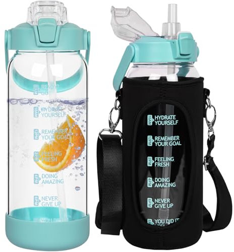 Seekua 2 litros Botella Agua Vidrio Deportiva de con Pajita y Marca de Tiempo Motivacionales, 2l Grande Botella Agua Cristal a Prueba de Fugas para Gimnasio
