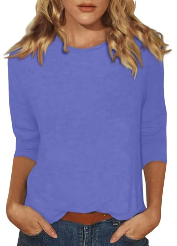 3 4 Sleeve Froal Tee Women's Lightweight Solid Color Tops 3/4 Sleeve Casual Gym Fashion Daily Ladies Summer Round Neck T-Shirts 02-Purple 3XL