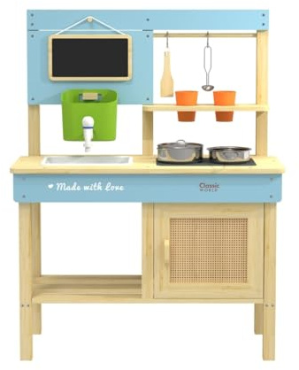 12-teilige Outdoor-Kinderküche aus Holz mit Kochfeld, Spülbecken & Zubehör, wetterbeständig, Rollenspiel für Kinder ab 3 Jahren, robust & kreativ