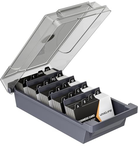 Uniclife Visitenkartenhalter für den Schreibtisch, große Visitenkartenbox aus Kunststoff mit Deckel, Trennwänden und A-Z-Registerkarten, Aufbewahrungsbox für Visitenkarten, Fassungsvermögen 500 Karten
