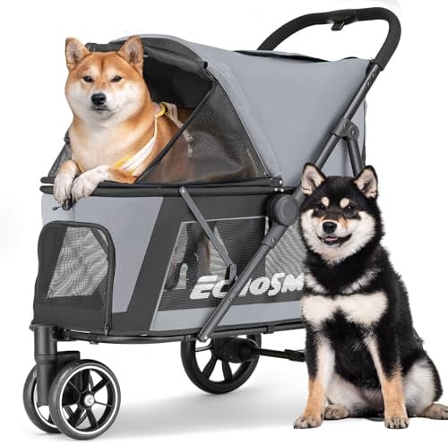 EchoSmile Hundewagen für Mittelgroße und Große Hunde bis 40kg, Faltbar Hundebuggy mit Netzfenstern, Verstellbarem Griff & 3 Geländegängige Räder, Grau + Schwarz