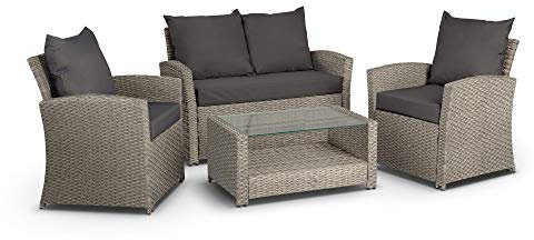 VonHaus Rattan Sofa Set - Premium 4 Seater Lounge Set for Garden - 4 Pc Garden Furniture Set – Includes Sofa with Padded Cushioned Seats, Glass Top Coffee Table & Armchairs for Garden & Patio – Grey