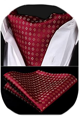 HISDERN Herren Krawattenschal Rot Krawattenschal mit Einstecktuch Taschentuch Set Halstuch fur Hochzeit Party Paisley Blumen Ascot Krawatte und Einstecktuch…