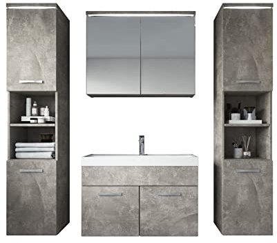 Badezimmer Badmöbel Set Paso XL LED 80cm Waschbecken Beton - Unterschrank 2X Hochschrank Waschbecken Möbel