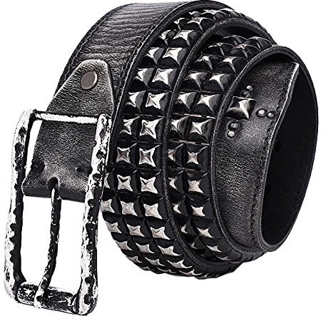 Damen Echtes Leder Gürtel mit 3-reihig konischen Pyramidennieten, Vintage Mode Schnalle Nietengürtel,Ledergürtel kürzbar,Schwarz,105cm(34~36)