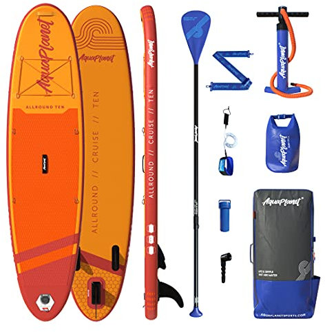 AQUAPLANET Inflatable Stand Up Paddle Board Kit - All Round Ten | 10 Foot | Ideal for SUP Beginners & Experts | Includes Fin, Paddle, Pump, Repair Kit, Backpack, Leash, Dry Bag, Carry Strap (Orange)