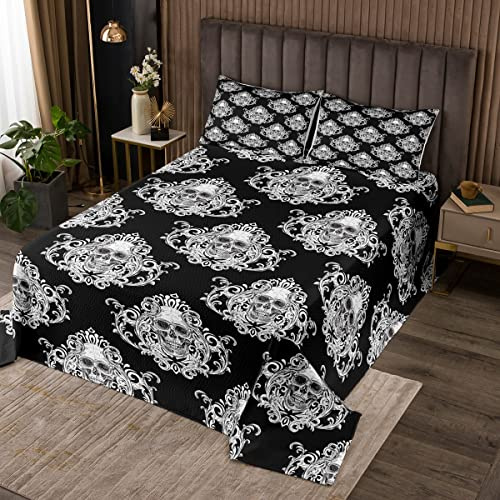 feelingyou Barock Gothic Totenkopf Tagesdecke,Weiße Spitze Blumen Print Bettdecke Set für Teens Erwachsene, Halloween Skelett Bettwäsche Set mit 2 Kissenbezügen,Mikrofaser Polyester gesteppt