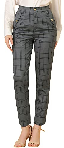 Allegra K Damen Tartan Plaid Hose Vintage Elastische Taille Gerade Arbeitshose, grau, 46